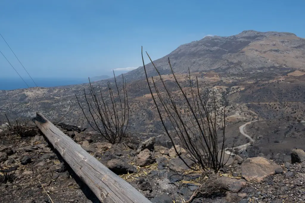 Unser Foto zeigt einen Teil der verbrannten Berglandschaft bei Rethymnon auf Kreta. Im Vordergrund des Bildes ist ein umgestürzter Strommast zu erkennen, im Hintergrund das Meer.