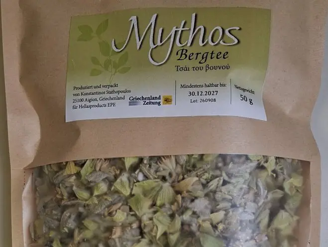 Unser Foto (© Griechenland Zeitung / Jan Hübel) zeigt einen Teil einer Packung „Mythos“-Bergtee, den sie ausschließlich bei der Griechenland Zeitung bestellen können.