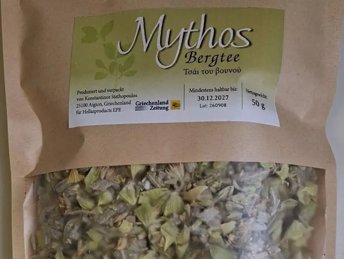 Unser Foto (© Griechenland Zeitung / Jan Hübel) zeigt einen Teil einer Packung „Mythos“-Bergtee, den sie ausschließlich bei der Griechenland Zeitung bestellen können.