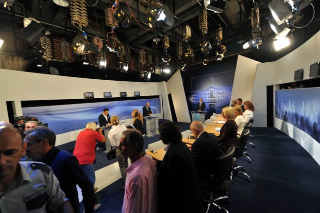 Unser Archivfoto (© Eurokinissi) entstand während einer Fernsehdebatte der Parteichefs im September 2015.
