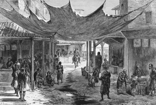 Abbildung: Straßenszene in Athen um 1860. Der orientalische Bazar, ein Überbleibsel aus der osmanischen Zeit, galt bei den europäischen Immigranten als schmutzig und ungesund.