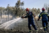 Die Aufnahme zeigt Feuerwehrleute bei Löscharbeiten. Sie entstand nahe des antiken Nemea, in der Nähe von Korinth auf der Peloponnes (© Eurokinissi).