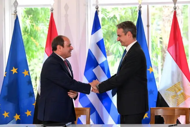 Unser Archivfoto (© Eurokinissi) zeigt den ägyptische Präsident Abdel Fattah El-Sisi und den griechischen Premierminister Kyriakos Mitsotakis im Maximos Mansion bei der Sitzung des Obersten Rates für die Zusammenarbeit zwischen Griechenland und Ägypten