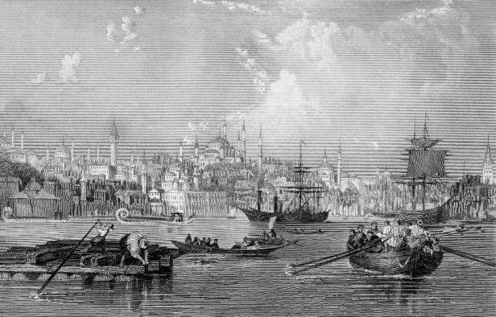 Der Stich aus dem 19. Jahrhundert zeigt Konstantinopel. Dort spielen u. a. auch die Erzählungen von Georgios Vizyinos