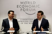 Unser Foto (© Eurokinissi) entstand am 24. Januar 2018 während einer Begegnung zwischen dem griechischen Ministerpräsidenten Alexis Tsipras (r.) mit seinem Amtskollegen aus Skopje Zoran Zaev anlässlich des Weltwirtschaftsforums in Davos.