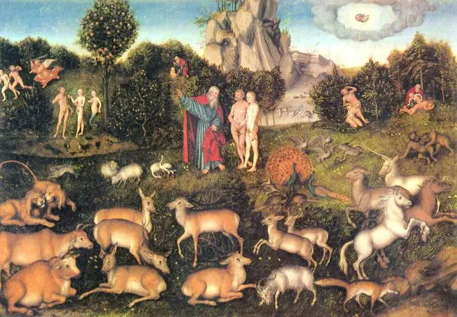 Adam und Eva im „Paradies“ (Werk von Lucas Cranach dem Älteren, 1472–1553; Gemäldegalerie Alte Meister Dresden)
