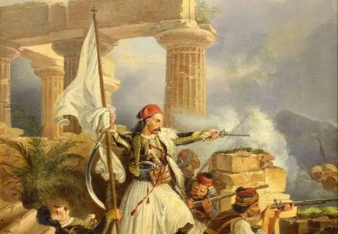 Perlberg Christian Johann (1806-1884): Szene mit griechischen Freiheitskämpfern (Georgios Karaiskakis bei der Belagerung der Akropolis).
