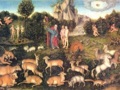 Adam und Eva im „Paradies“ (Werk von Lucas Cranach dem Älteren, 1472–1553; Gemäldegalerie Alte Meister Dresden)