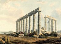 Tempel des Neptun in Sounion. Das Gemälde Edward Dodwells stammt von einem Postkartenset der Griechenland Zeitung mit dem Titel „Ansichten aus Griechenland von Edward Dodwell (1767-1832)“.